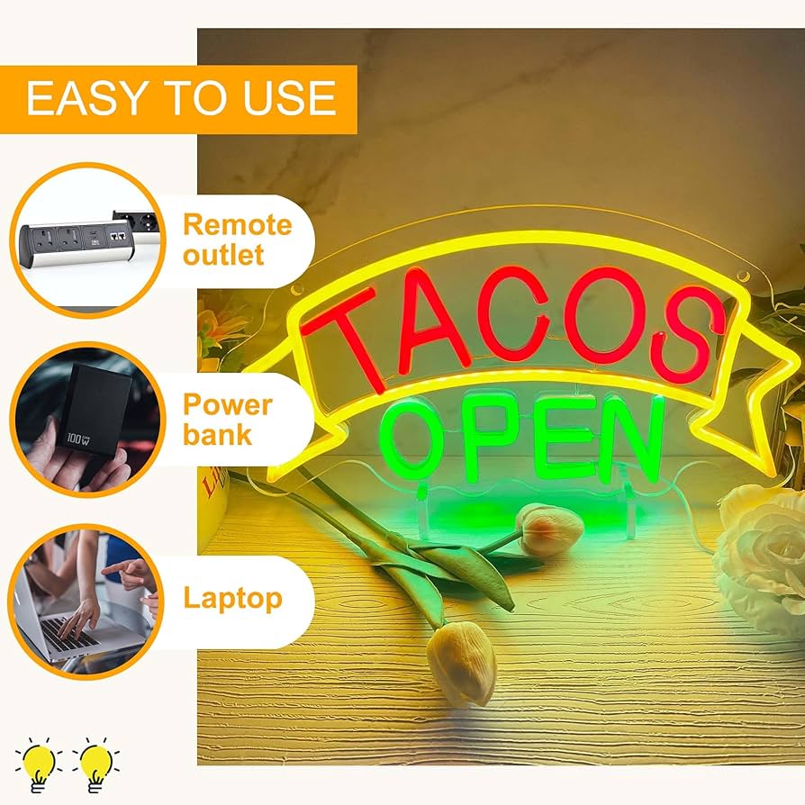 Tacos Open Neon Signs for Wall Decor, LED Taco Neon Light for